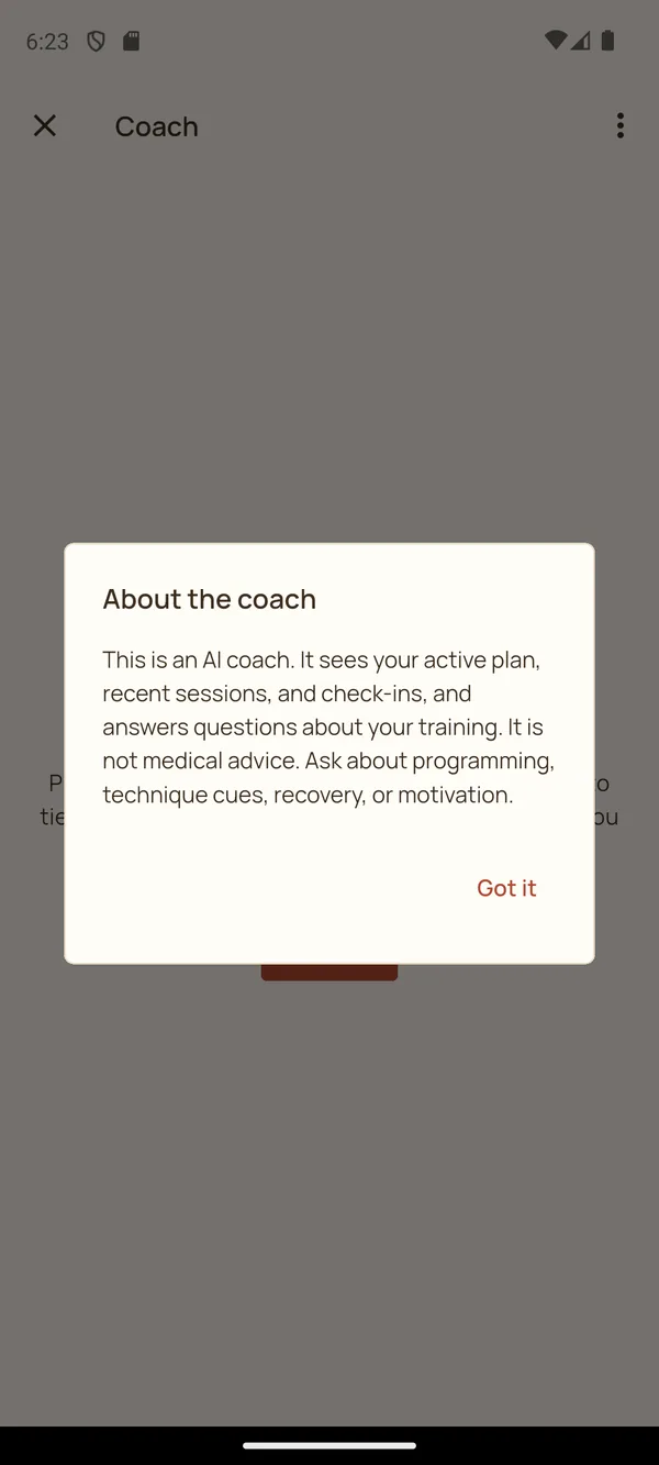 ParseLift coach screen showing an about the coach dialog and safety scope