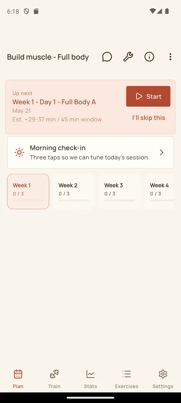 ParseLift plan dashboard showing the next workout, morning check-in, week cards, and bottom navigation