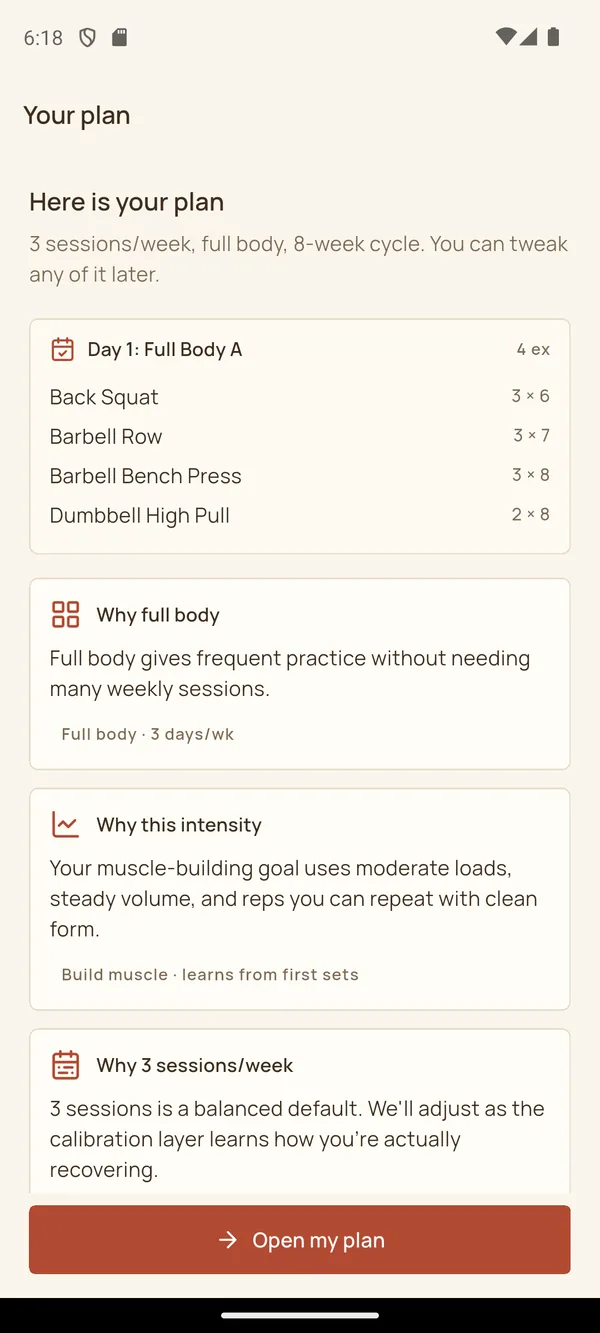 ParseLift generated plan overview with exercise prescriptions and reasoning cards