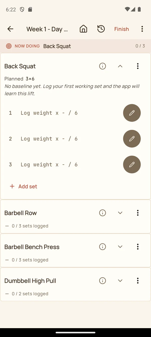 ParseLift active workout logging screen with planned back squat sets and editable set rows