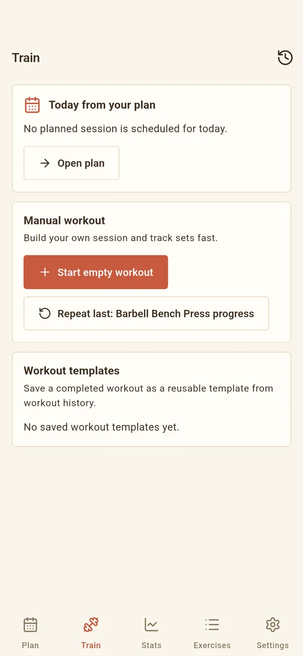 ParseLift Train tab showing today's planned session, manual workout, and saved workout templates
