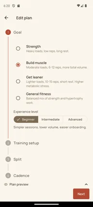 ParseLift edit plan screen with goal and experience choices